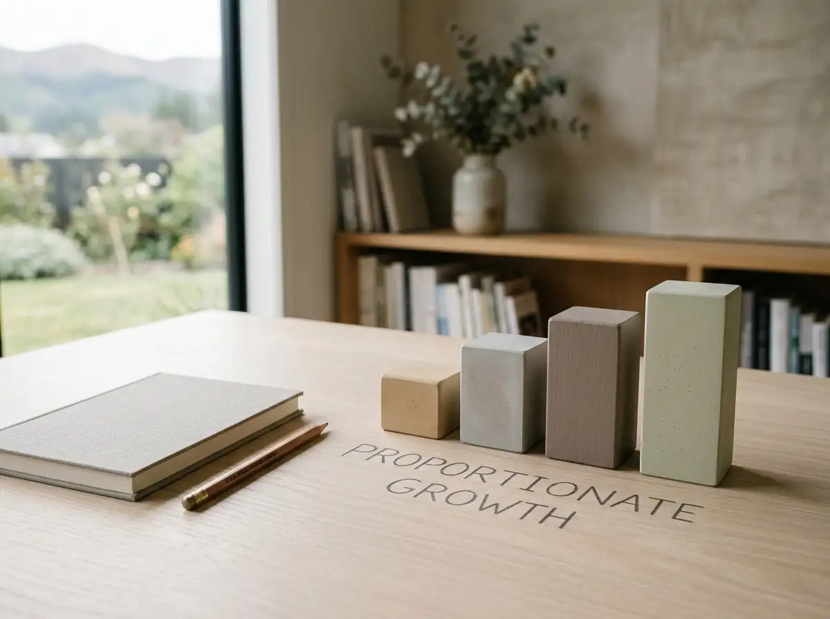 Tiered geometric shapes and a plain notebook on an unbranded table