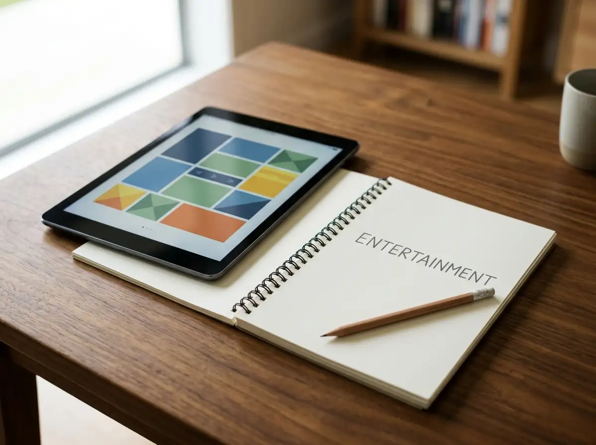 A tablet showing abstract entertainment tiles beside neatly arranged notes on a timber desk