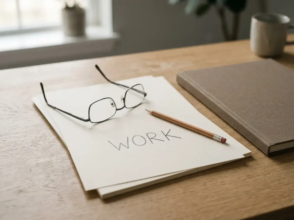 Neutral paperwork, reading glasses and blank notebook on a wooden desk