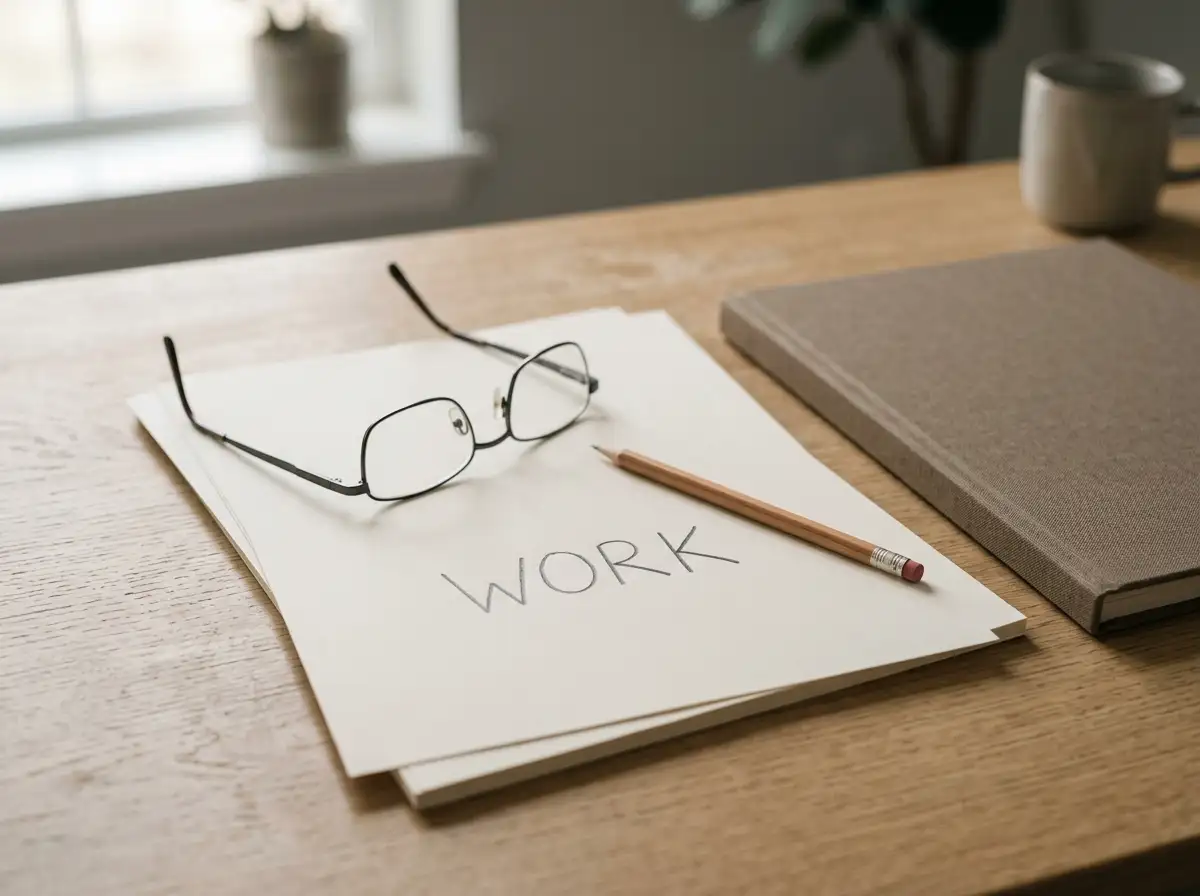 Neutral paperwork, reading glasses and blank notebook on a wooden desk