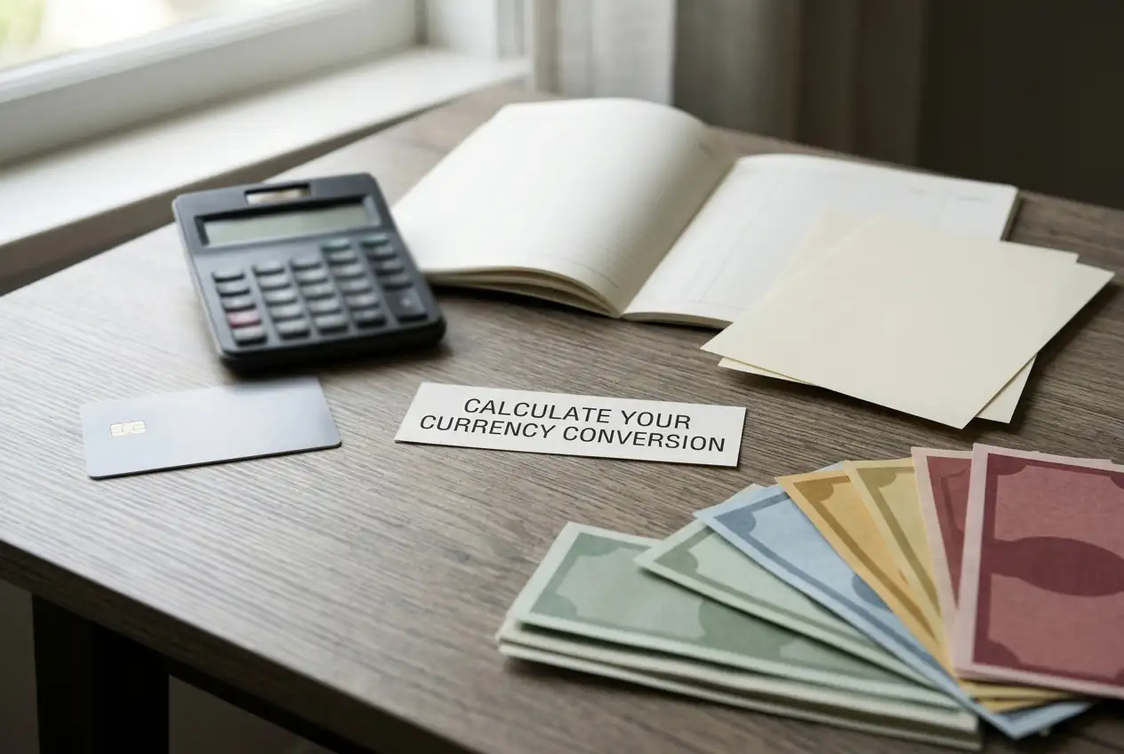 A neutral payment card next to a calculator, currency notes and a closed ledger
