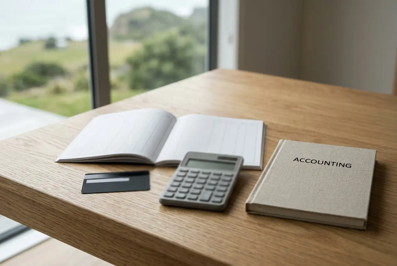 Blank accounting ledger, unbranded bank card and calculator on a light desk
