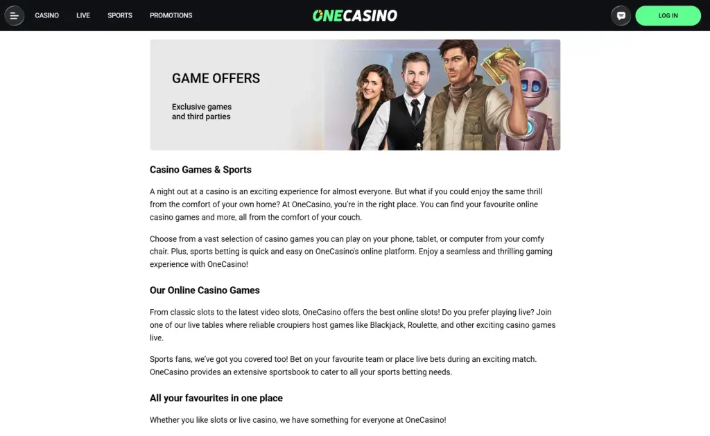 OneCasino games information page showing slot and live-game categories