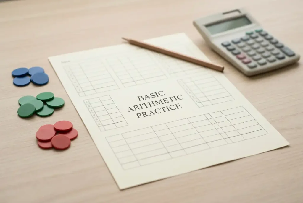 An open unmarked paper worksheet beside coloured counters and a plain calculator